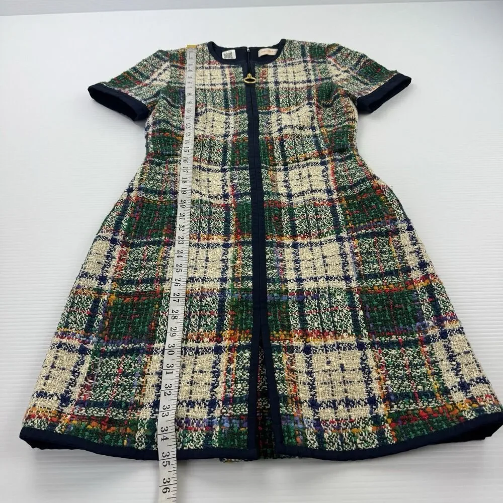 Tory Burch Plaid Tweed Sheath Dress Size 4 Zip Front Pockets Short Sleeve